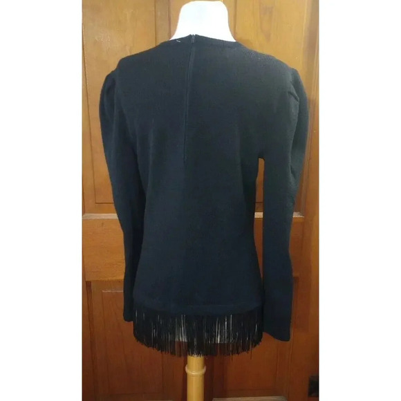 Evenings By Raul Blanco Sweater Sz 8 Vtg Hand Loomed Black Puff Sleeve Fringed - Picture 2 of 8